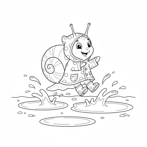 Snail coloring page: a cheerful snail in a polka-dot raincoat jumping in puddles