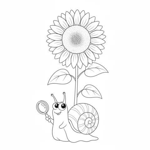 Snail coloring page: a curious snail holding a magnifying glass next to a tall sunflower