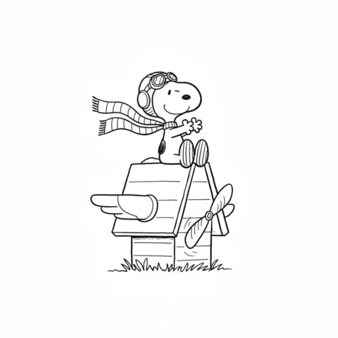 Snoopy coloring page: Snoopy as a pilot sitting on his doghouse with wings and a propeller