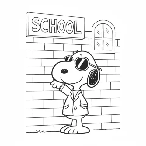 Snoopy coloring page: Snoopy wearing sunglasses and a jacket, waving in front of a school building