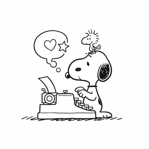 Snoopy coloring page: Snoopy typing on a typewriter with Woodstock on his head, thinking of a heart and star