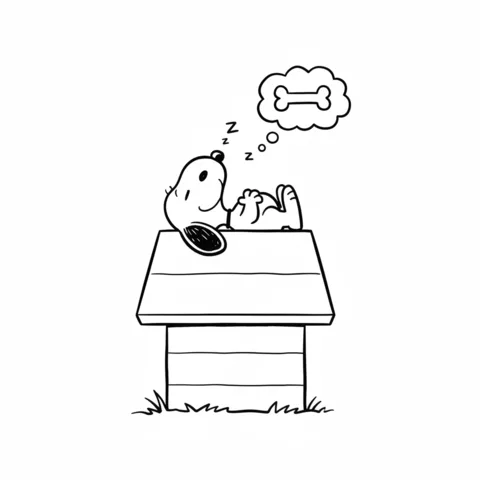 Snoopy coloring page: Snoopy sleeping on his doghouse, dreaming of a bone