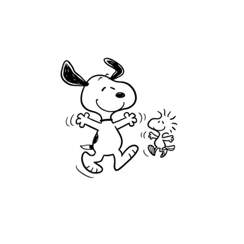 Snoopy coloring page: Snoopy and Woodstock happily dancing together