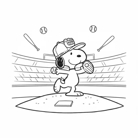 Snoopy coloring page: Snoopy as a baseball pitcher on a mound in a stadium, with bats and balls