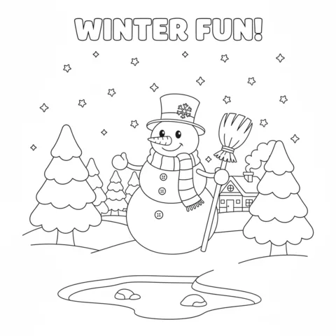 Disegno di Fiocchi di neve da colorare: un pupazzo di neve con una scopa e un cilindro, circondato da pini e stelle
