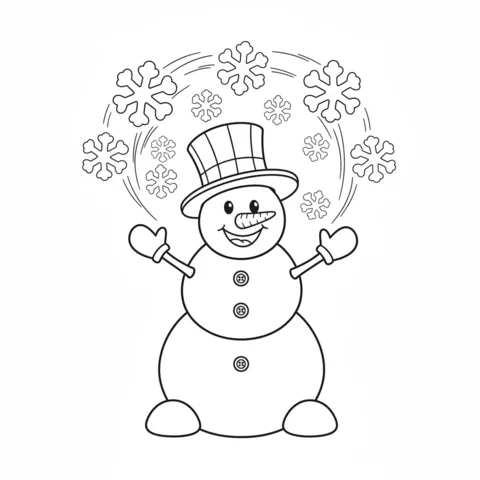 Disegno di Fiocchi di neve da colorare: un pupazzo di neve felice con cilindro e guanti, circondato da molti fiocchi di neve