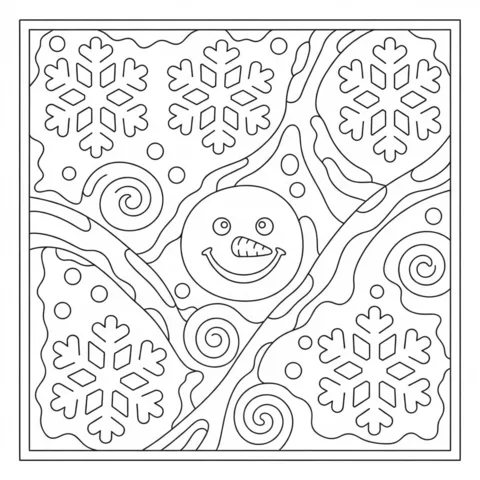 Disegno di Fiocchi di neve da colorare: una faccia sorridente di pupazzo di neve tra grandi fiocchi di neve, spirali e forme astratte
