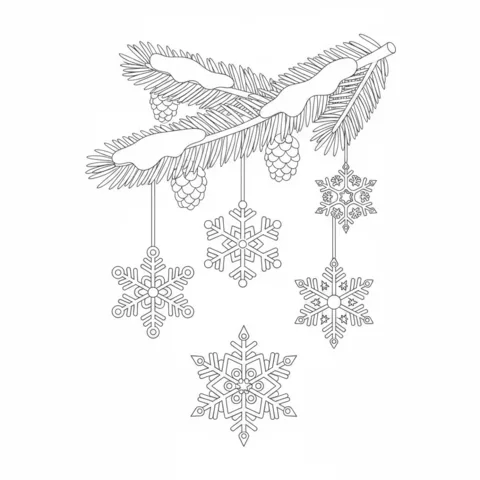 Disegno di Fiocchi di neve da colorare: un ramo di pino innevato con pigne e cinque fiocchi di neve appesi di vari disegni