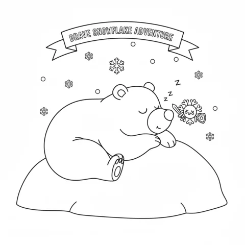 Disegno di Fiocchi di neve da colorare: un orso carino che dorme su un cumulo di neve, con un fiocco di neve che tiene una spada e uno scudo