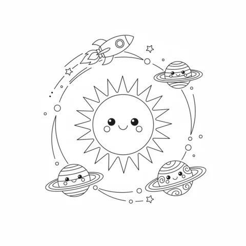 Ausmalbild Sonnensystem: eine fröhliche Sonne mit drei lächelnden Planeten und einer Rakete, die sie umkreist