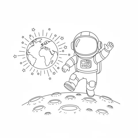 Ausmalbild Sonnensystem: ein Astronaut winkt auf dem Mond mit der Erde, die im Hintergrund leuchtet