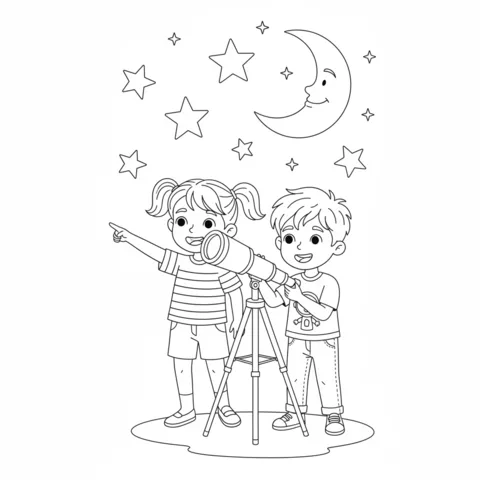 Ausmalbild Sonnensystem: zwei Kinder beobachten die Sterne und einen Halbmond durch ein Teleskop