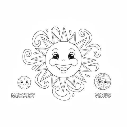 Ausmalbild Sonnensystem: eine fröhliche Sonne mit lächelnden Merkur und Venus auf jeder Seite