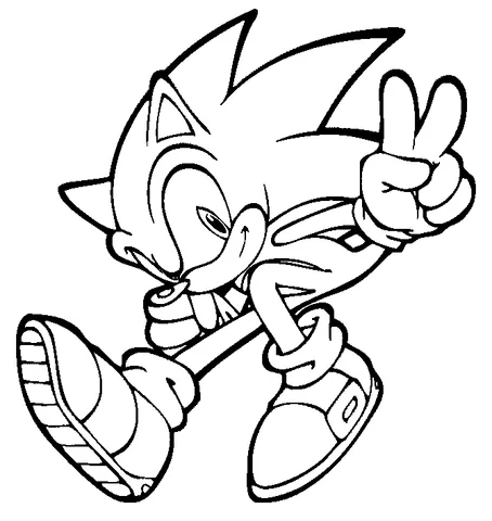 Sonic the Hedgehog coloring page: Sonic running and making a peace sign with his left hand