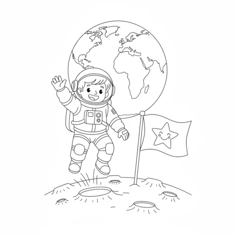 Astronaut coloring page: a happy astronaut waving on the moon with Earth and a star flag