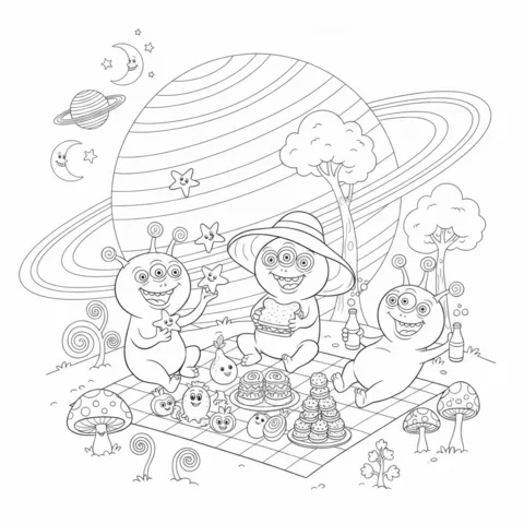 Aliens coloring page: three friendly aliens having a picnic with cakes and fruit under Saturn
