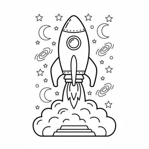 Rocket coloring page: a cartoon rocket launching into space with stars, moons, and galaxies