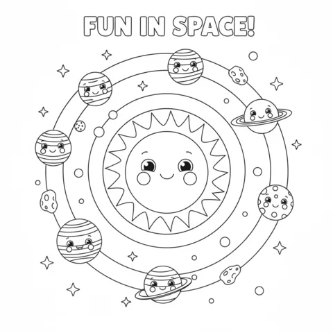 Solar system coloring page: a happy sun surrounded by planets and asteroids in orbit