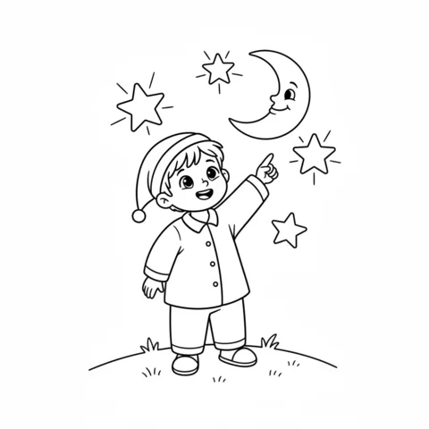 Boy coloring page: a boy in pajamas pointing at a smiling moon and stars in the night sky