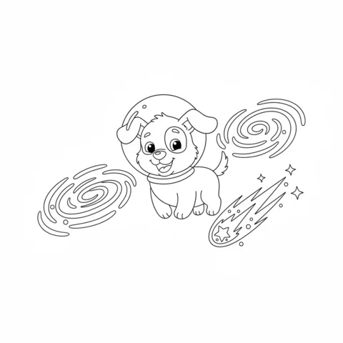 Dog coloring page: a cute puppy in a space helmet floating among galaxies and a comet