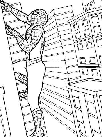 Spider-Man coloring page: Spider-Man climbing up the side of a tall city building