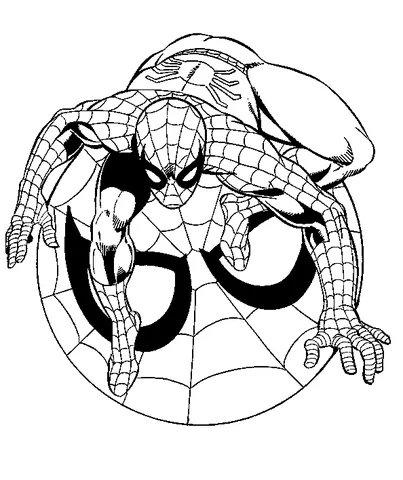 Spider-Man coloring page: Spider-Man crouching on a large spider symbol with web lines