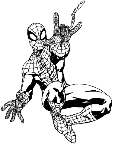 Spider-Man coloring page: Spider-Man in a dynamic pose, shooting a web from his wrist