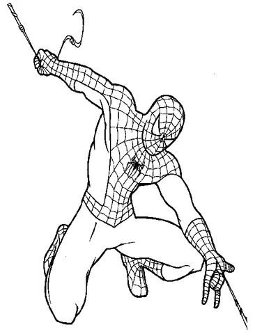 Spider-Man coloring page: Spider-Man swinging on a web line, crouching and looking down