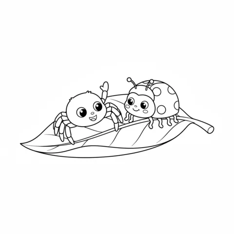 Disegno di ragno da colorare: un ragno amichevole che saluta accanto a una coccinella su una grande foglia