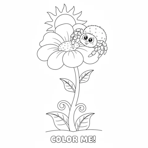 Disegno di ragno da colorare: un ragno peloso seduto su un fiore alto con un sole sopra