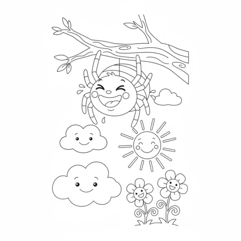 Disegno di ragno da colorare: un ragno che ride appeso a un ramo d'albero con nuvole e fiori
