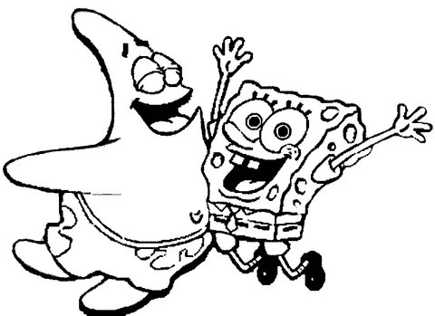 SpongeBob coloring page: SpongeBob and Patrick jumping happily with arms raised