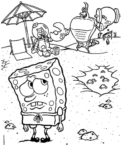 SpongeBob coloring page: SpongeBob looking sad on the beach with Sandy and Larry the Lobster playing volleyball