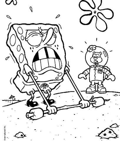 SpongeBob coloring page: SpongeBob struggling to lift a barbell while Sandy watches