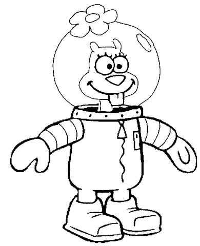SpongeBob coloring page: Sandy Cheeks in her diving suit, smiling with arms outstretched