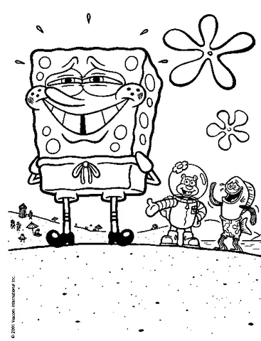 SpongeBob coloring page: SpongeBob laughing with Sandy and another character on the beach