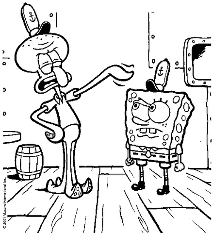 SpongeBob coloring page: Squidward Tentacles pointing at an angry SpongeBob in a room