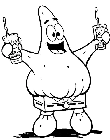 SpongeBob coloring page: Patrick Star holding two juice boxes and smiling broadly