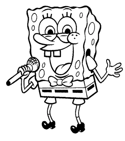SpongeBob coloring page: SpongeBob SquarePants singing into a microphone with a bow tie