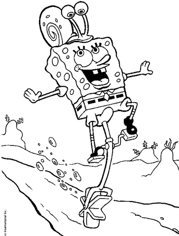 SpongeBob coloring page: SpongeBob riding a unicycle with Gary the Snail on his head