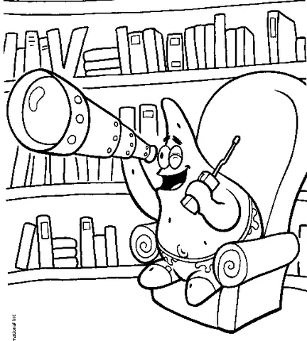 SpongeBob coloring page: Patrick Star sitting in an armchair, looking through a telescope