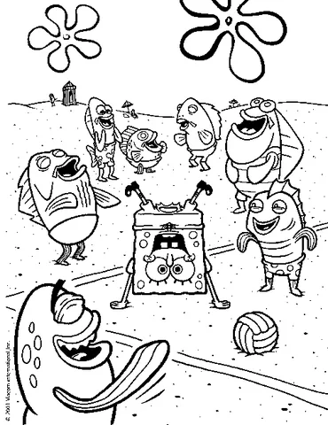 SpongeBob coloring page: SpongeBob playing volleyball on the beach with several fish characters