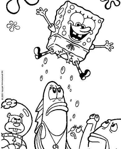 SpongeBob coloring page: SpongeBob jumping high above a group of worried characters