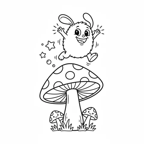 Sprunki coloring page: a Sprunki character jumping happily above a large mushroom with two smaller mushrooms