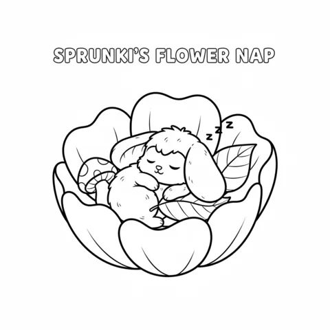 Sprunki coloring page: a Sprunki character sleeping peacefully inside a large flower with leaves and a mushroom