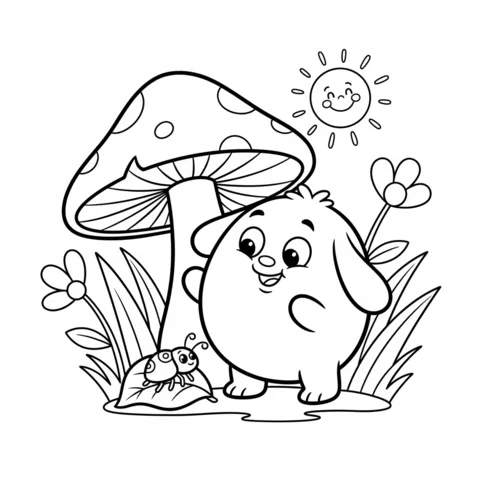 Sprunki coloring page: a Sprunki character standing next to a mushroom with a ladybug on a leaf and a smiling sun
