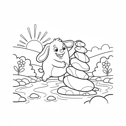 Sprunki coloring page: a Sprunki character stacking rocks in a flowing stream with flowers and a rising sun