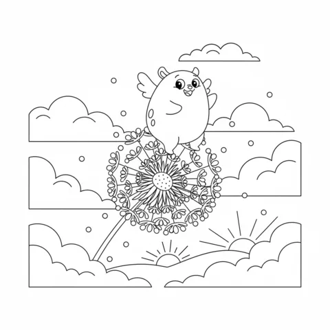 Sprunki coloring page: a Sprunki character with wings flying on a dandelion puffball among clouds and a sunrise