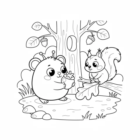 Sprunki coloring page: a Sprunki character giving an acorn to a squirrel sitting on a branch under an oak tree