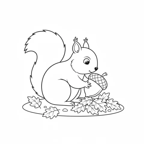 Desenho de esquilo para colorir: um esquilo fofo segurando uma bolota, cercado por folhas de outono